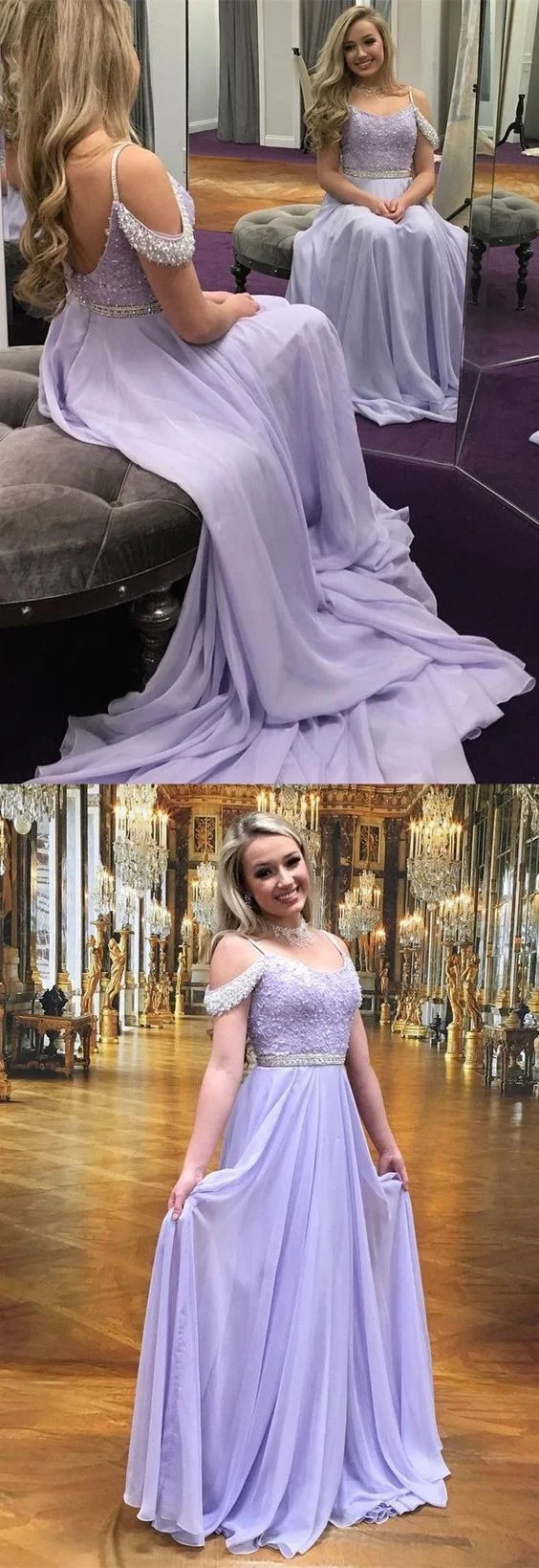 Robe de soirée en mousseline de soie scintillante, ligne a, robe de bal unique, lavande