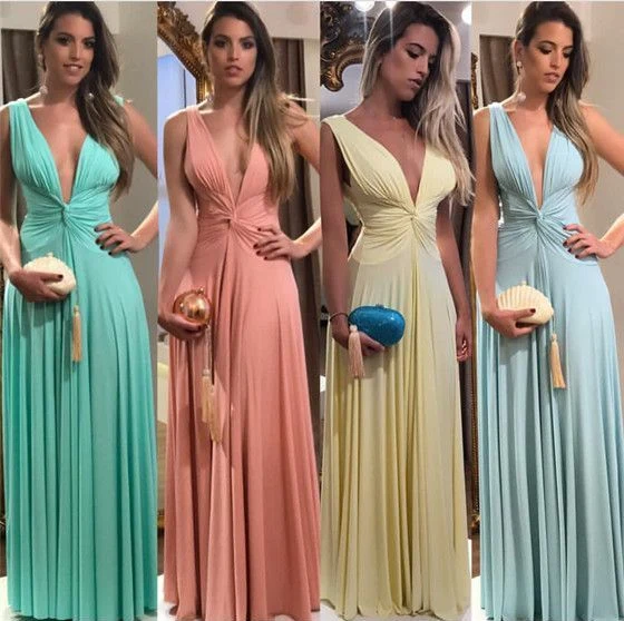 Robes de demoiselle d'honneur longues et sexy à col en V d'automne de différentes couleurs
