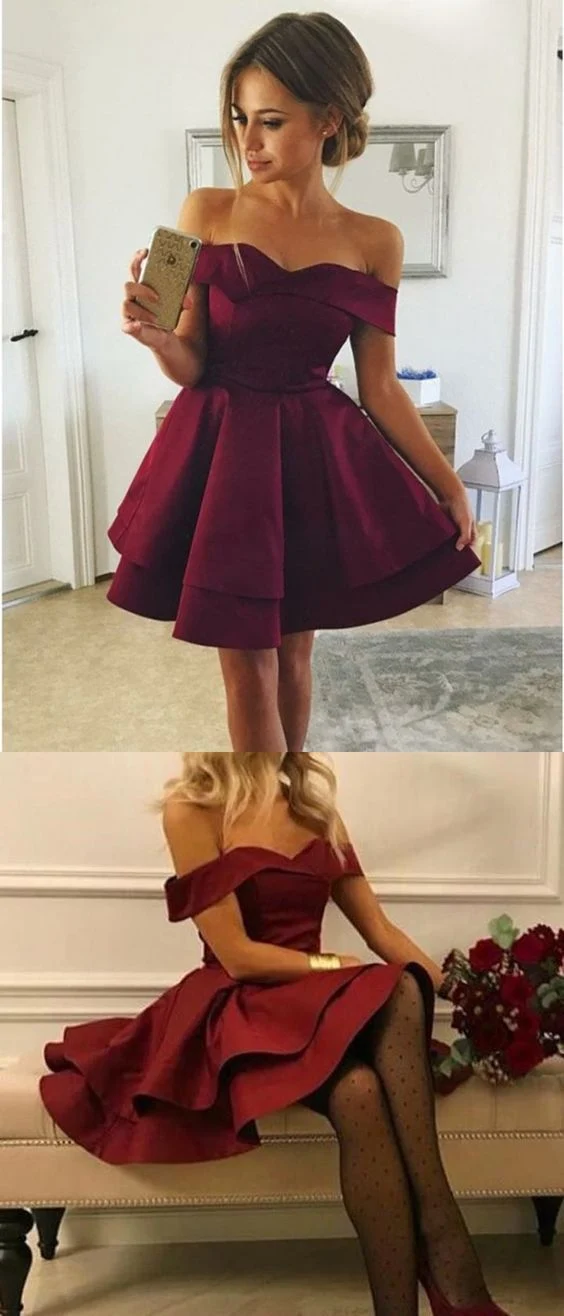 Mini robe de soirée bordeaux à épaules dénudées avec jupe double épaisseur