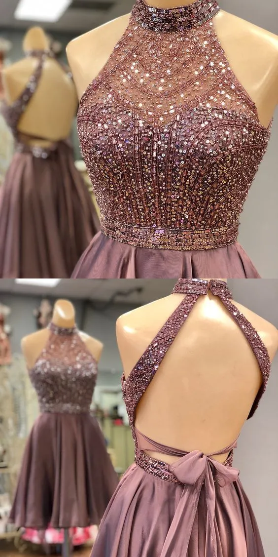 Robe de soirée courte à perles dos nu éblouissante | Robe de graduation Sweet 16