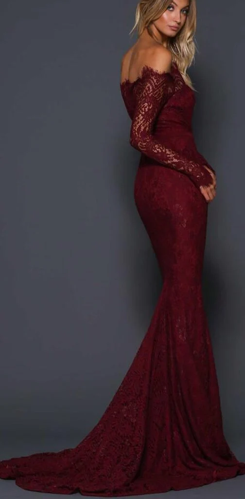 Robe de bal sirène bordeaux à manches longues et trompette