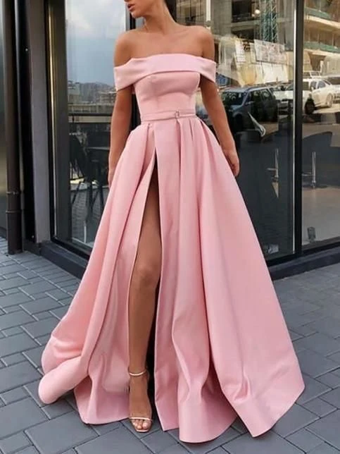 Robe de bal rose Simple, épaules dénudées, ligne A, fente latérale, GDC2021, 1071