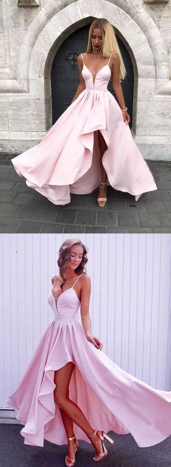 Robes de bal roses hautes et basses avec bretelles spaghetti