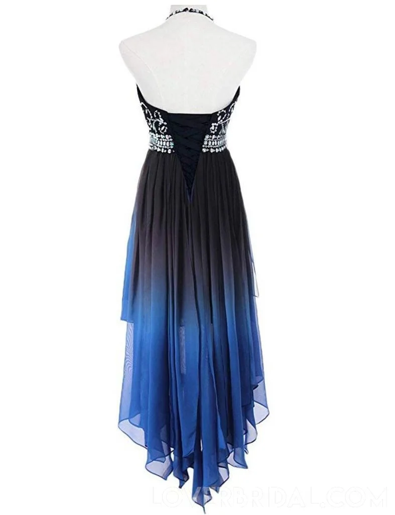 Robe de soirée Hi-Lo en mousseline de soie ombrée, robe de danse scintillante à licou