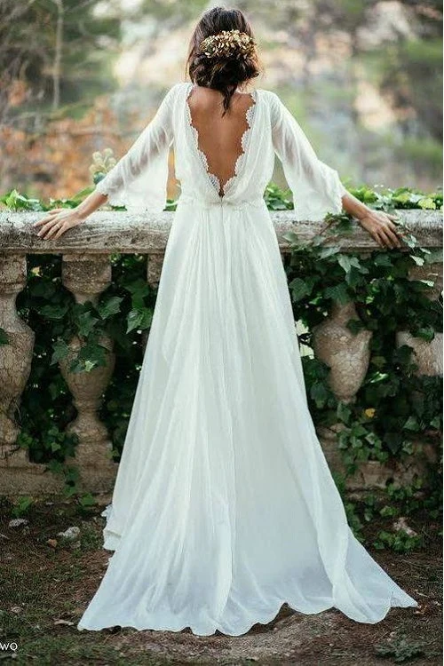 Été Flowy Boho A-ligne V dos en mousseline de soie à manches longues robe de mariée avec manches