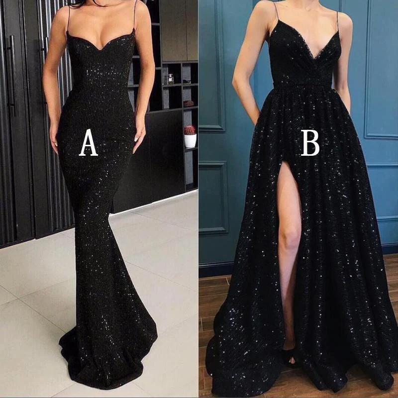 Robe de bal noire sirène éblouissante à bretelles spaghetti