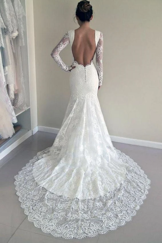 Robe de mariée sirène dos nu en dentelle avec manches longues