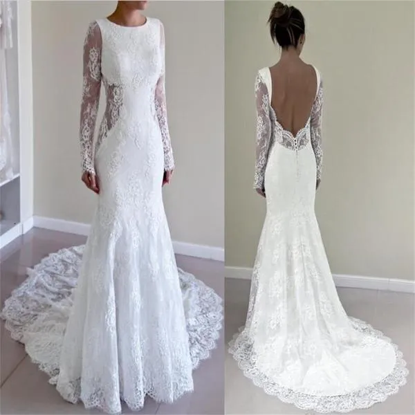 Robe de mariée sirène dos nu en dentelle avec manches longues