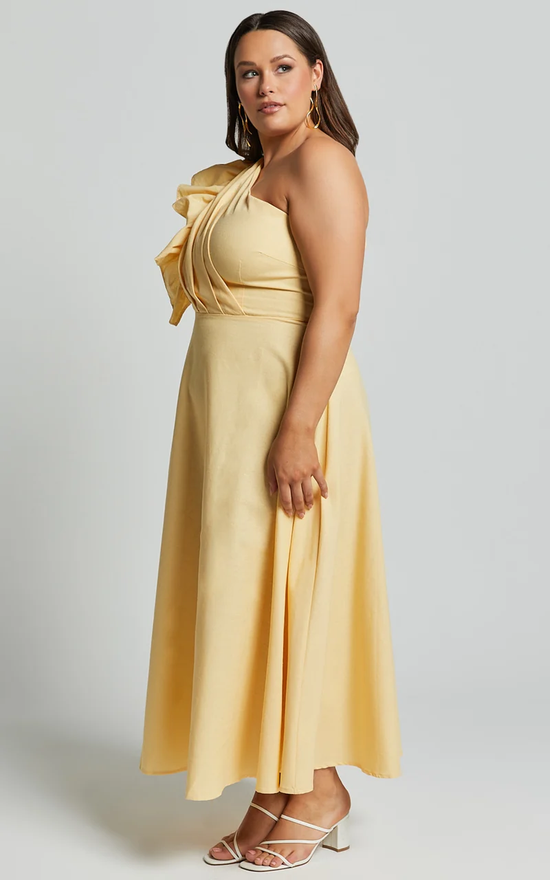 Dixie Midi Dress - Linen Look One Shoulder Ruffle Dress in Lemon