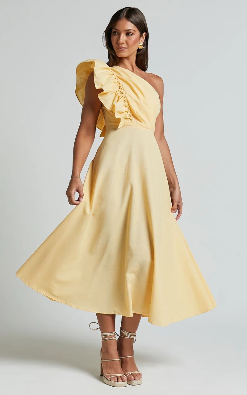 Dixie Midi Dress - Linen Look One Shoulder Ruffle Dress in Lemon