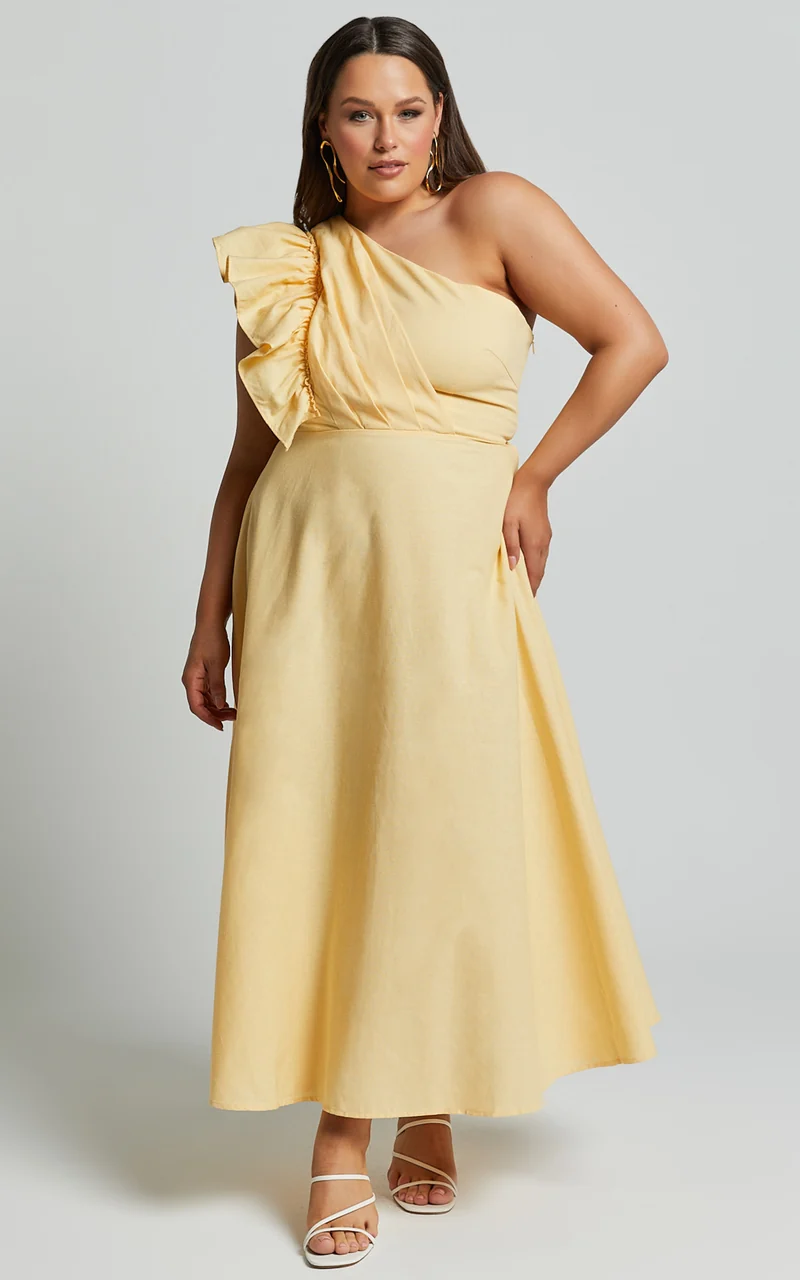 Dixie Midi Dress - Linen Look One Shoulder Ruffle Dress in Lemon