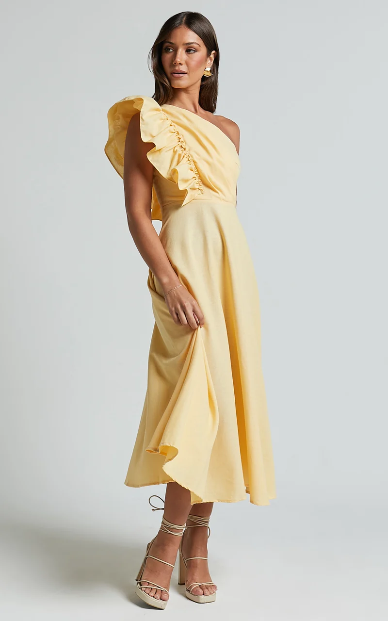 Dixie Midi Dress - Linen Look One Shoulder Ruffle Dress in Lemon