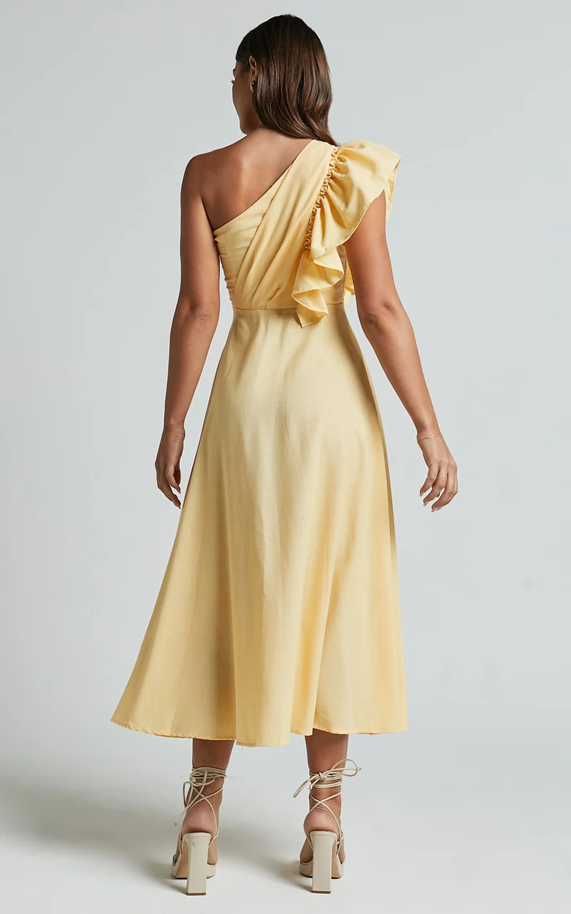 Dixie Midi Dress - Linen Look One Shoulder Ruffle Dress in Lemon