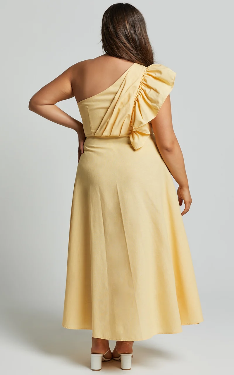 Dixie Midi Dress - Linen Look One Shoulder Ruffle Dress in Lemon