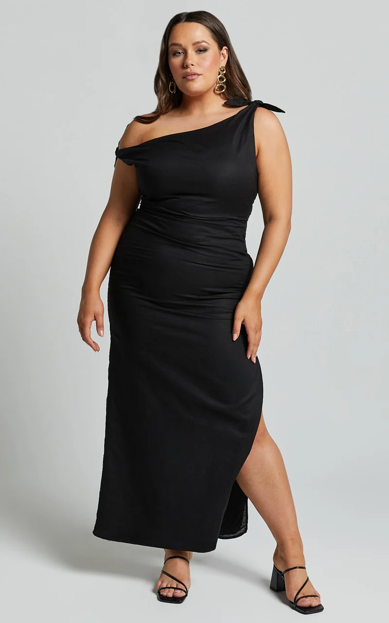 Cincinnati Midi Dress - Off The Shoulder Side Split Column Linen Dress in Black