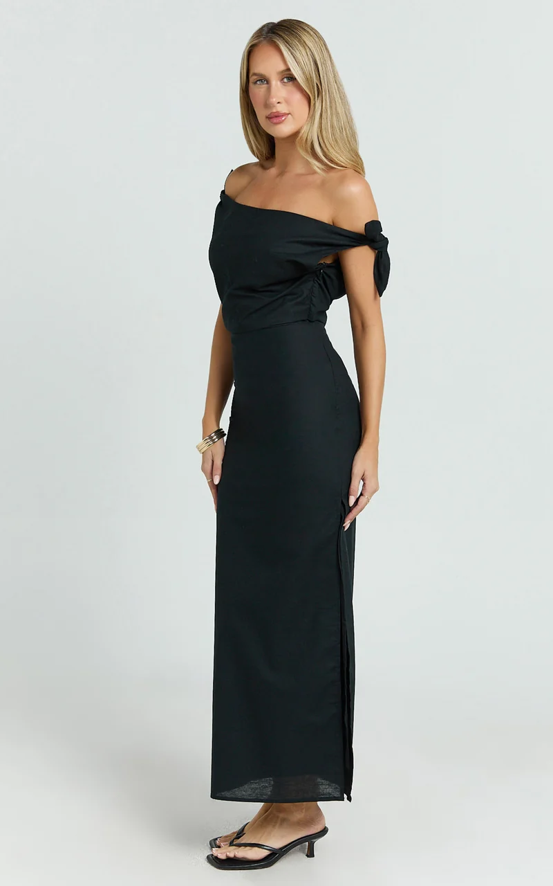 Cincinnati Midi Dress - Off The Shoulder Side Split Column Linen Dress in Black