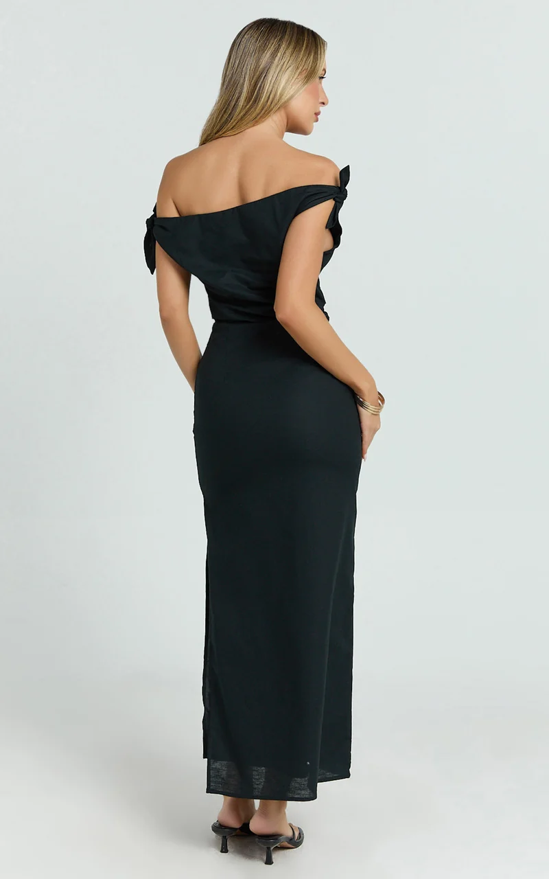 Cincinnati Midi Dress - Off The Shoulder Side Split Column Linen Dress in Black