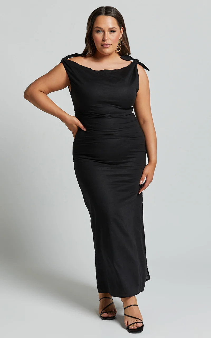 Cincinnati Midi Dress - Off The Shoulder Side Split Column Linen Dress in Black