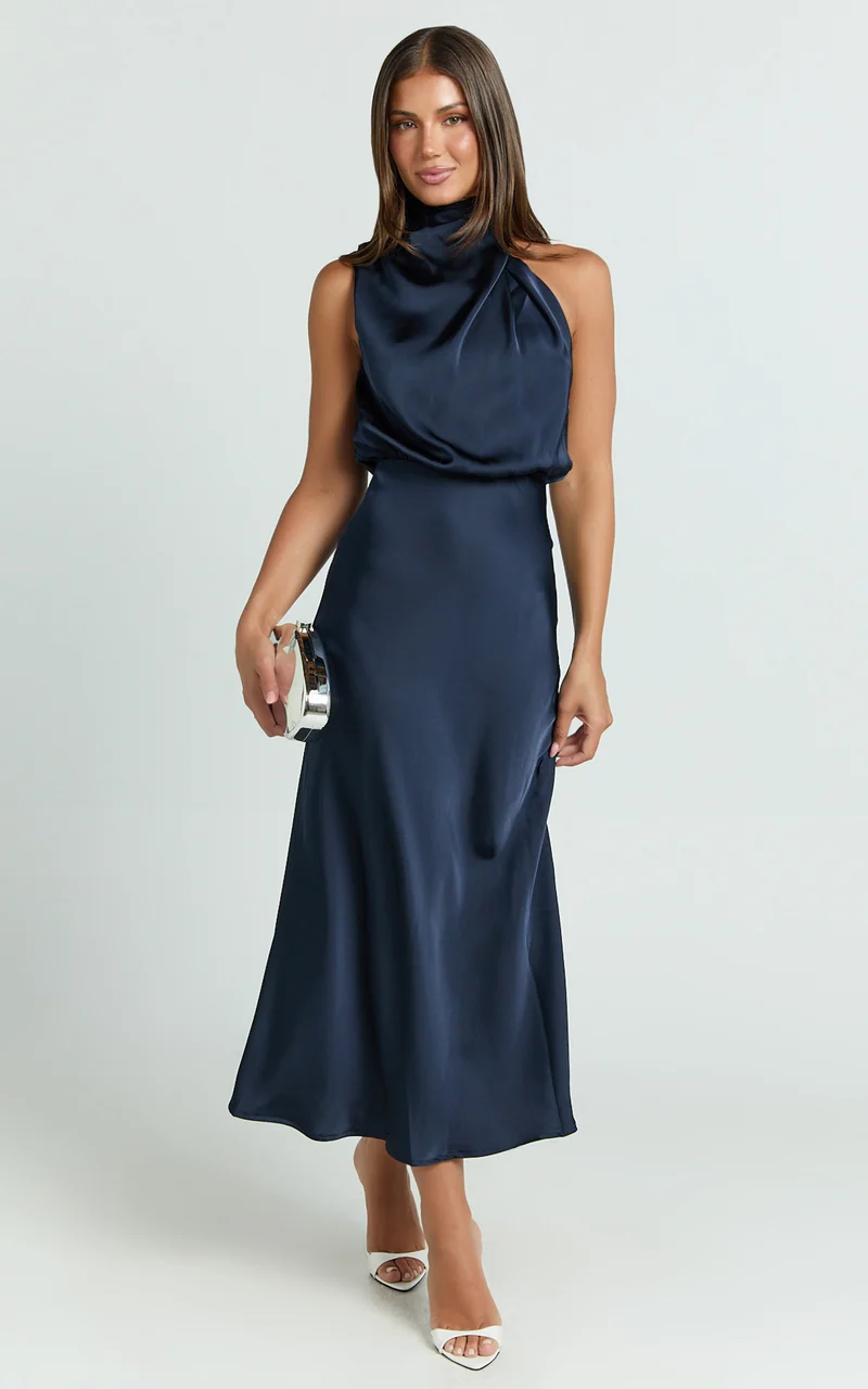 Minnie Midi Dress - Drape Neck Satin Slip Dress in Midnight Blue