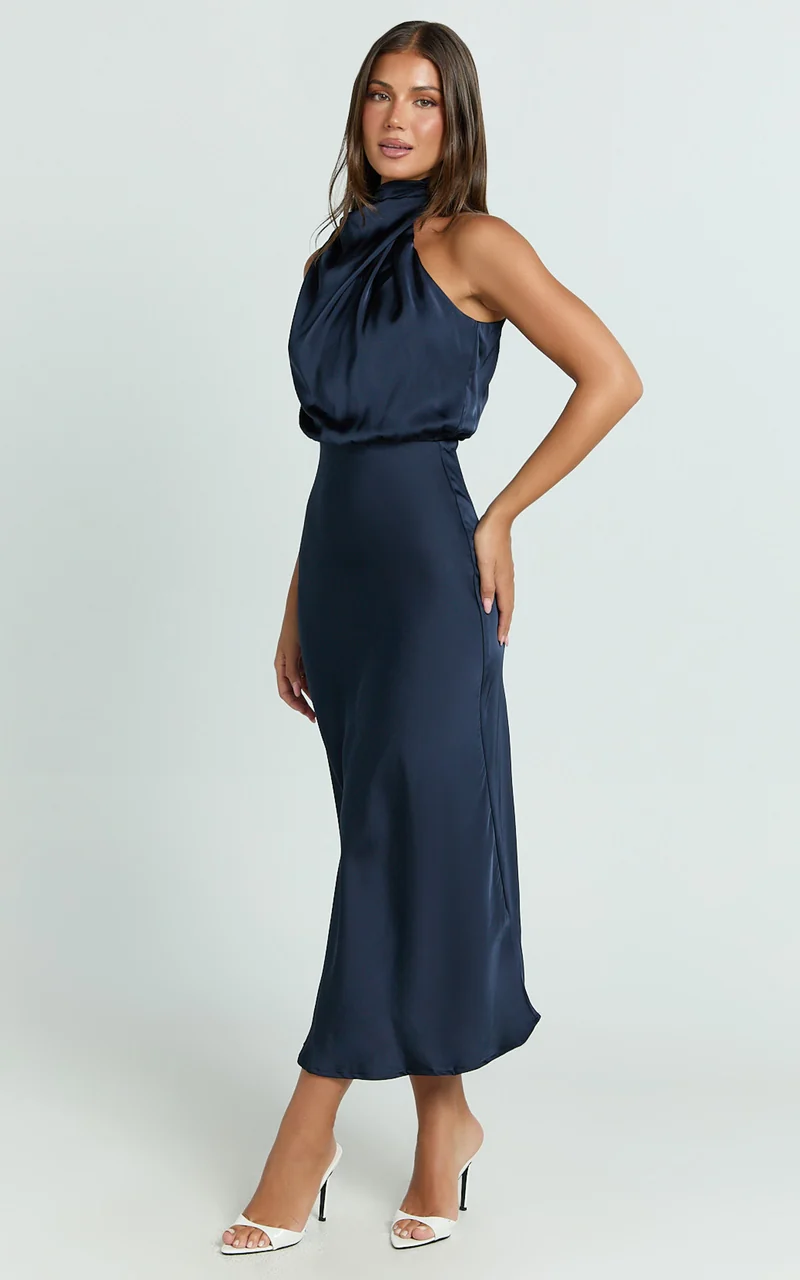 Minnie Midi Dress - Drape Neck Satin Slip Dress in Midnight Blue
