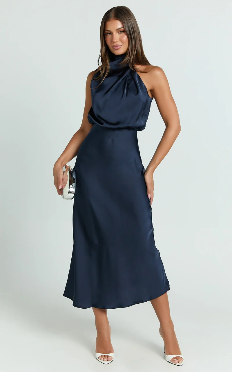Minnie Midi Dress - Drape Neck Satin Slip Dress in Midnight Blue