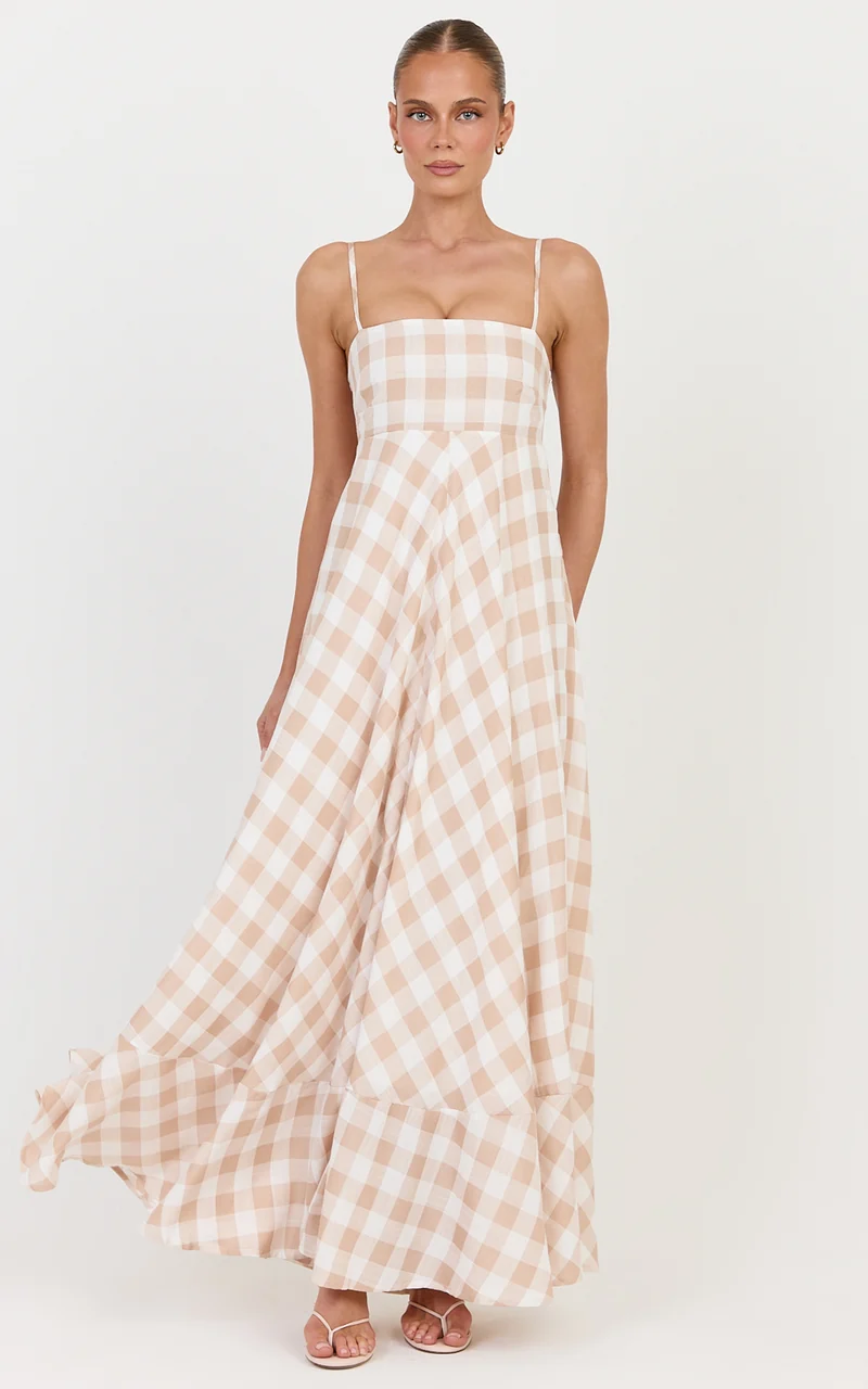 Katrien Maxi Dress - Strappy Empire Waist Flare Dress in Beige and White Check