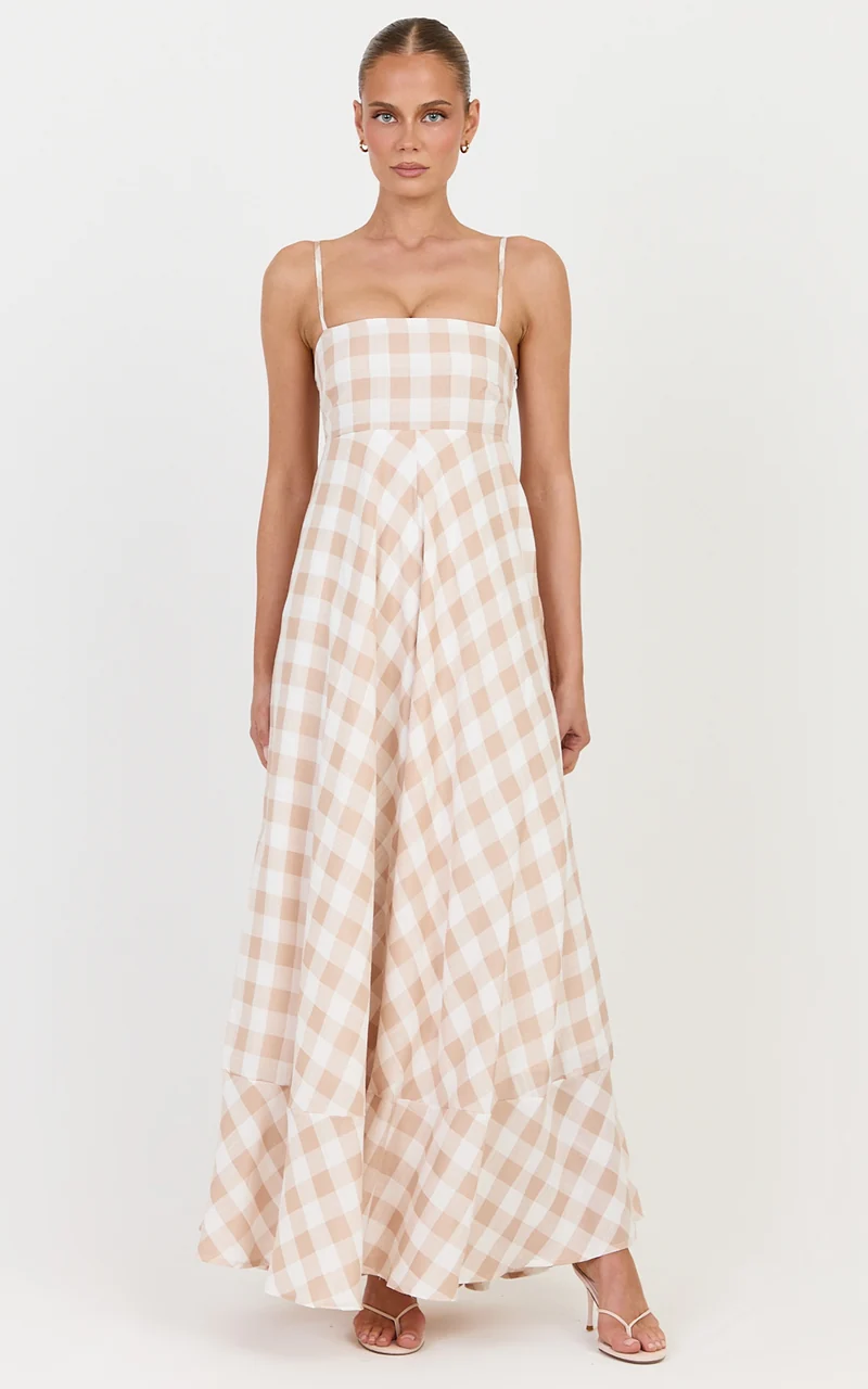 Katrien Maxi Dress - Strappy Empire Waist Flare Dress in Beige and White Check