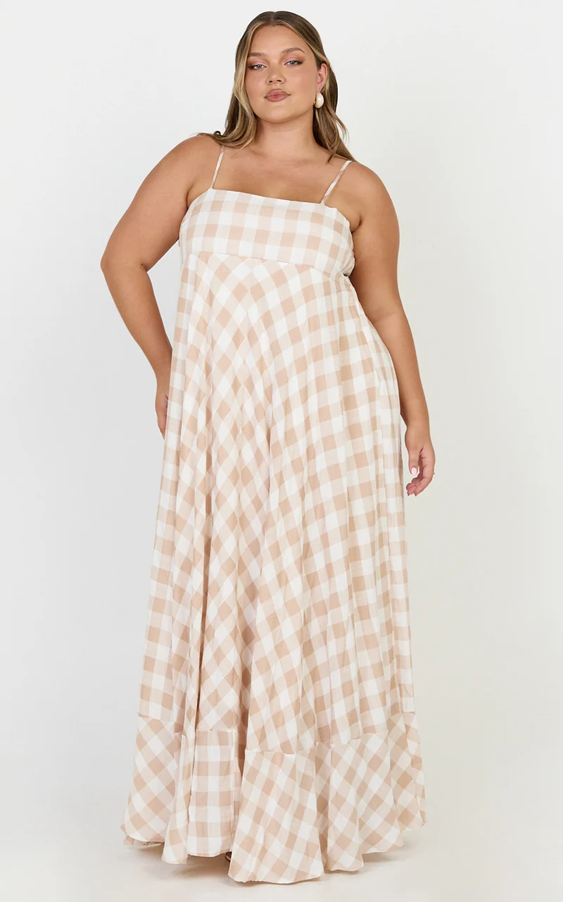 Katrien Maxi Dress - Strappy Empire Waist Flare Dress in Beige and White Check