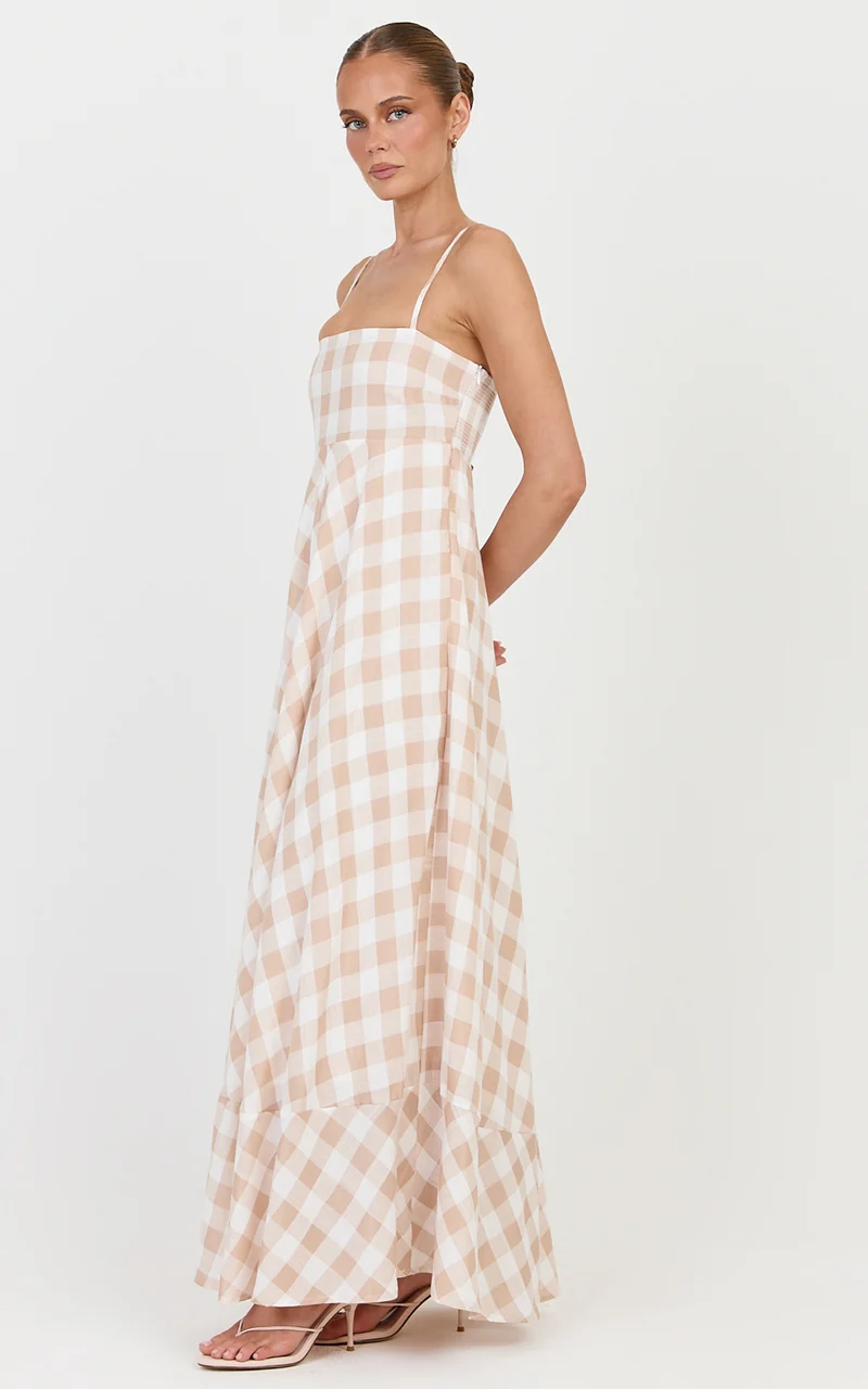 Katrien Maxi Dress - Strappy Empire Waist Flare Dress in Beige and White Check