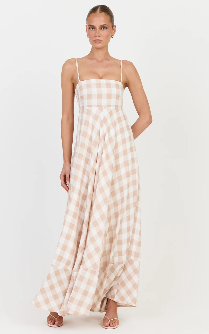 Katrien Maxi Dress - Strappy Empire Waist Flare Dress in Beige and White Check