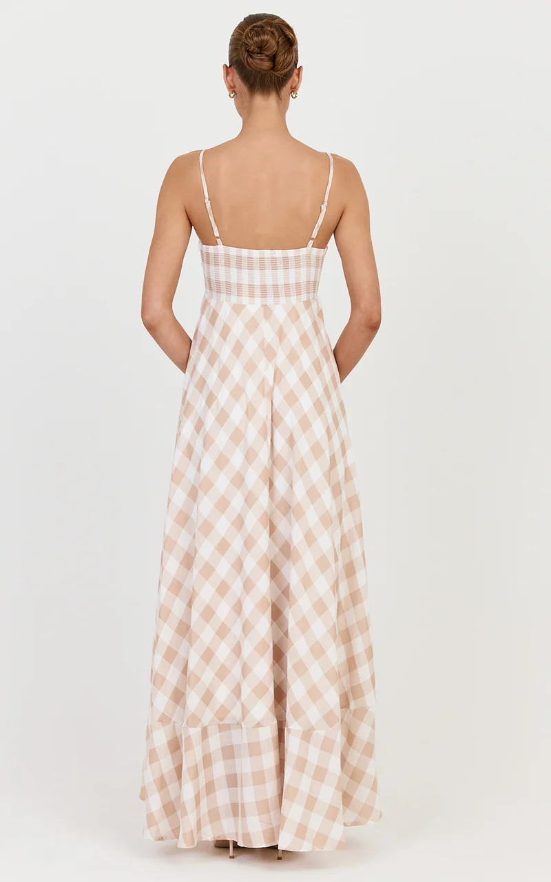 Katrien Maxi Dress - Strappy Empire Waist Flare Dress in Beige and White Check