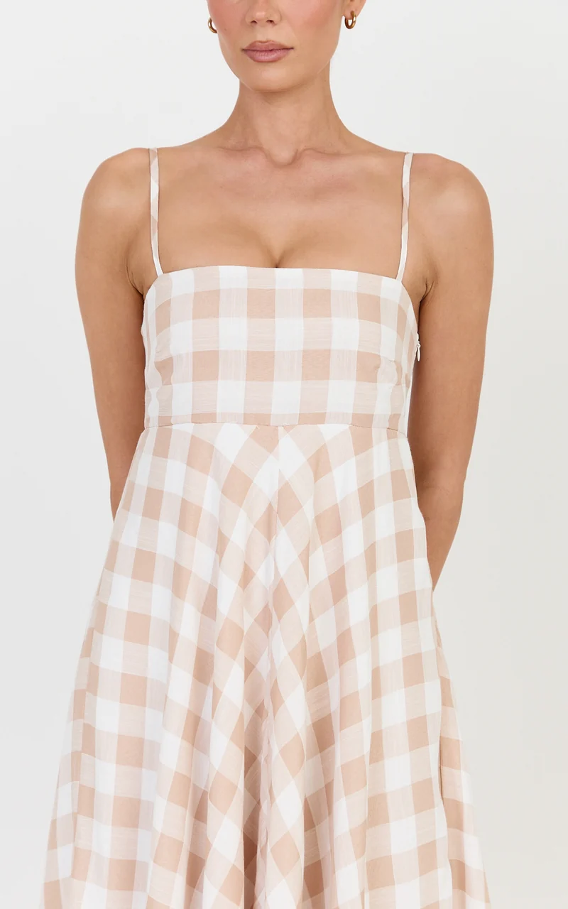 Katrien Maxi Dress - Strappy Empire Waist Flare Dress in Beige and White Check