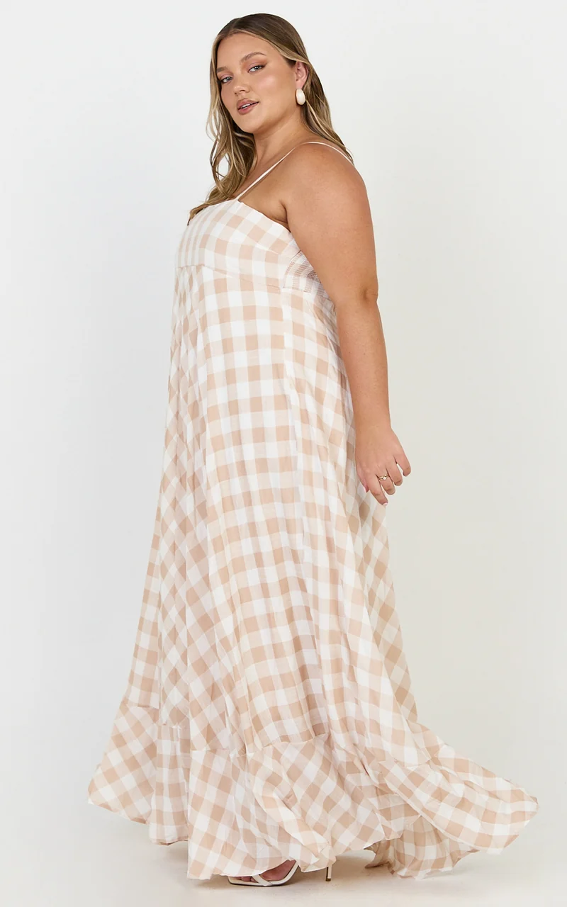 Katrien Maxi Dress - Strappy Empire Waist Flare Dress in Beige and White Check