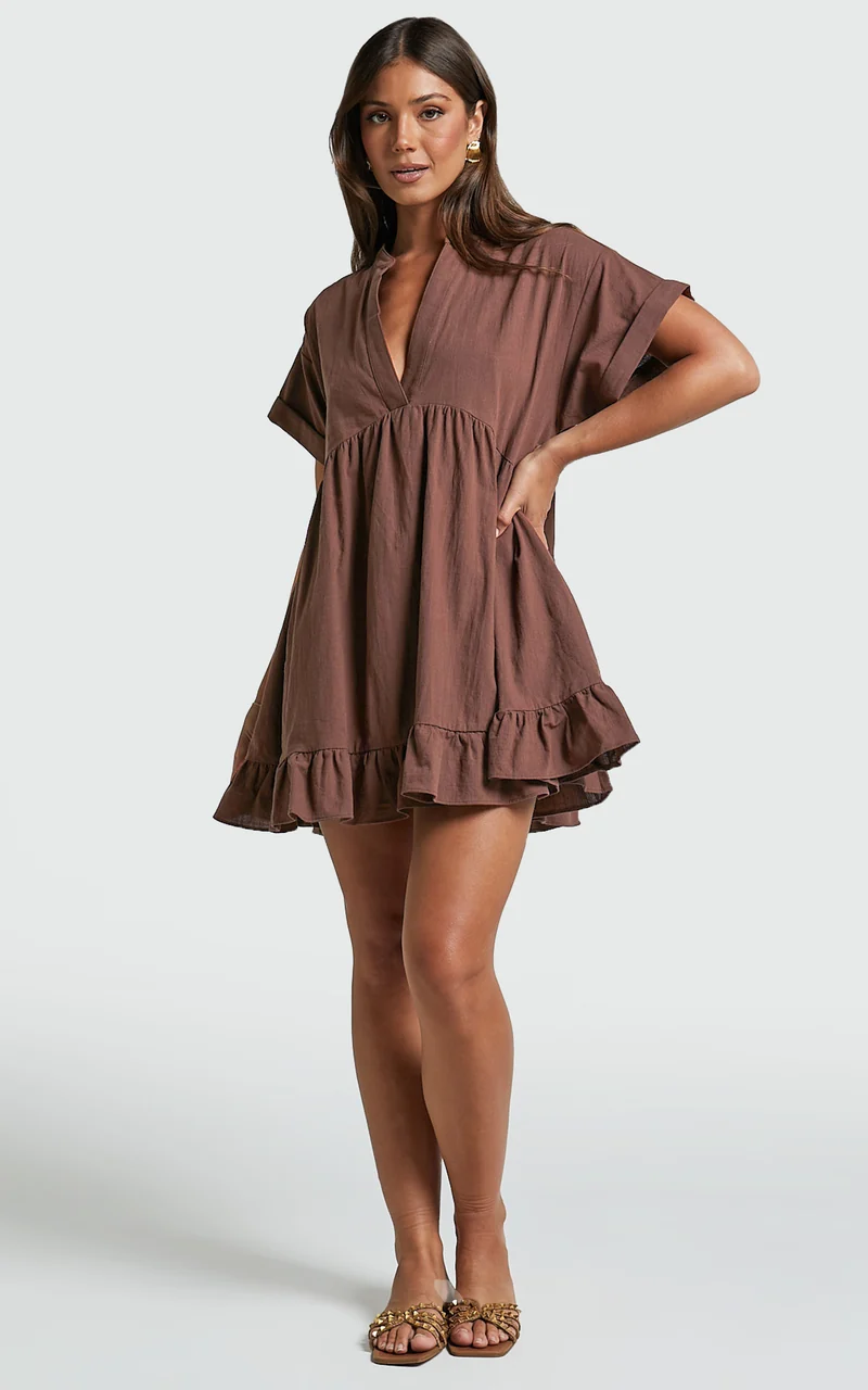 Calissa Mini Dress - Frill Hem Smock Dress in Chocolate
