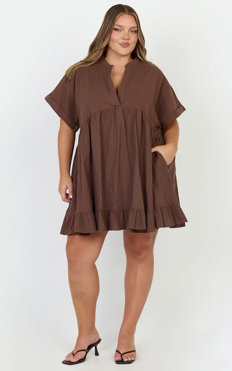 Calissa Mini Dress - Frill Hem Smock Dress in Chocolate