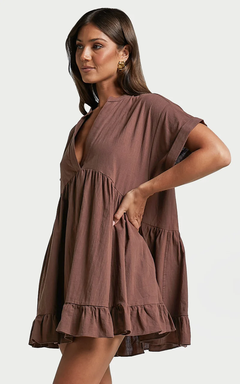 Calissa Mini Dress - Frill Hem Smock Dress in Chocolate
