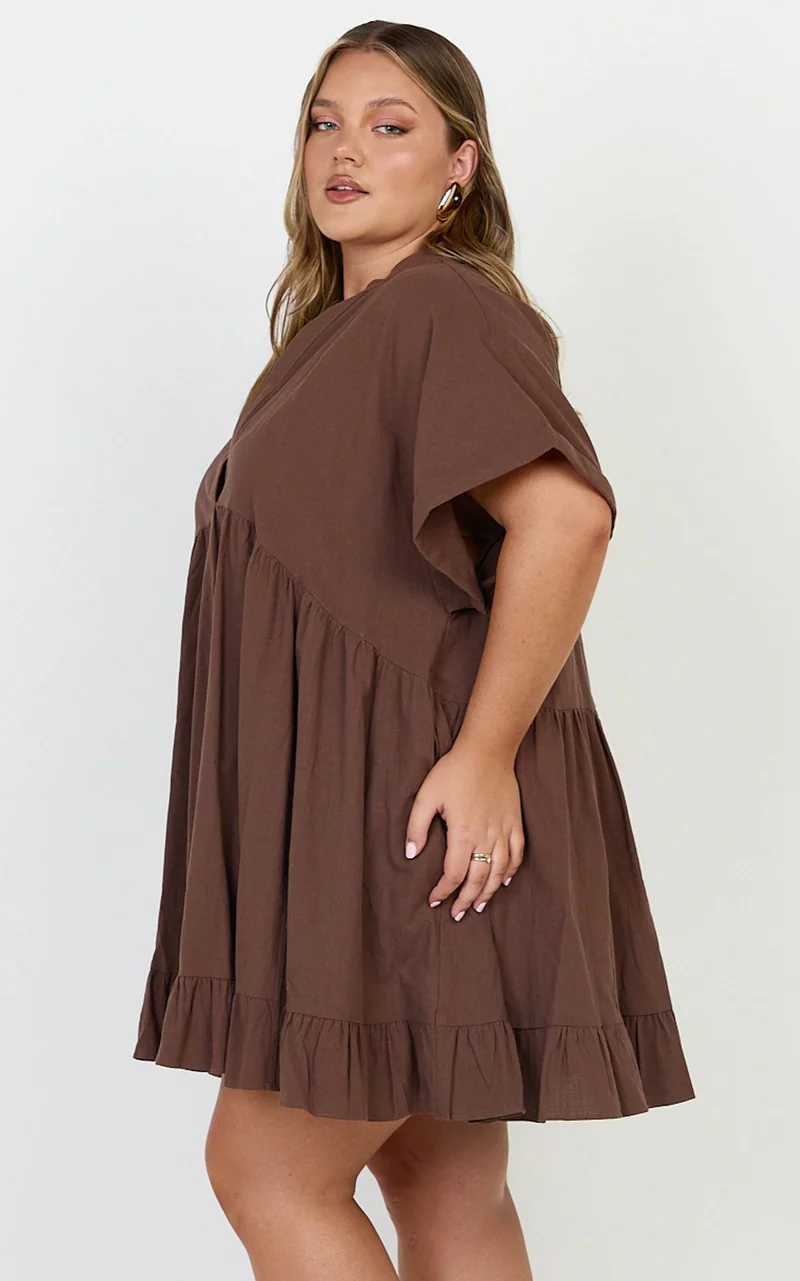 Calissa Mini Dress - Frill Hem Smock Dress in Chocolate