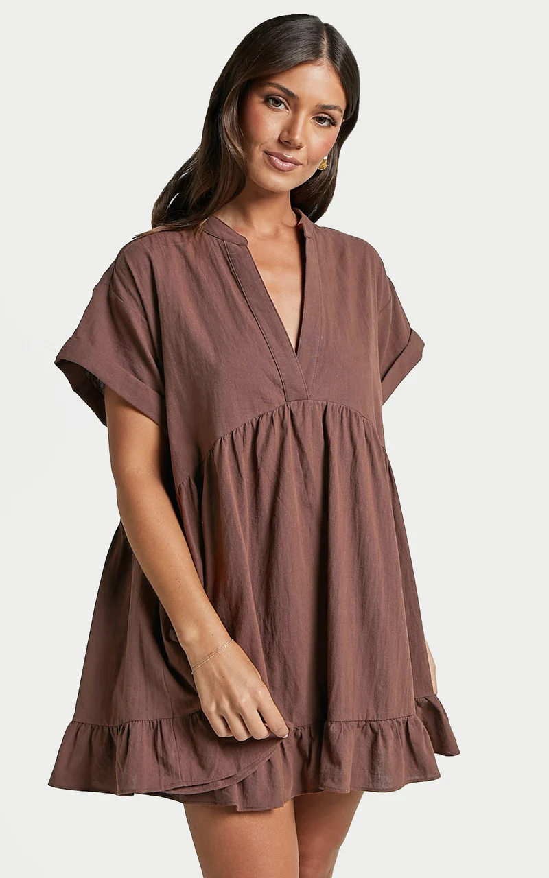 Calissa Mini Dress - Frill Hem Smock Dress in Chocolate