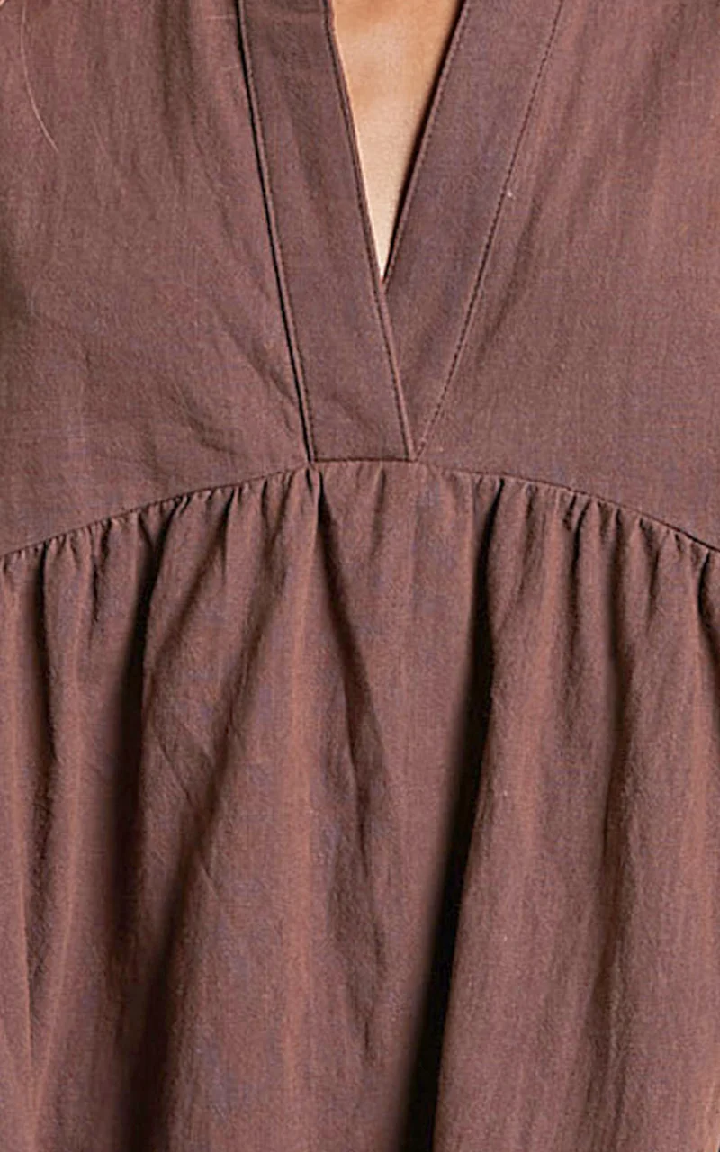 Calissa Mini Dress - Frill Hem Smock Dress in Chocolate