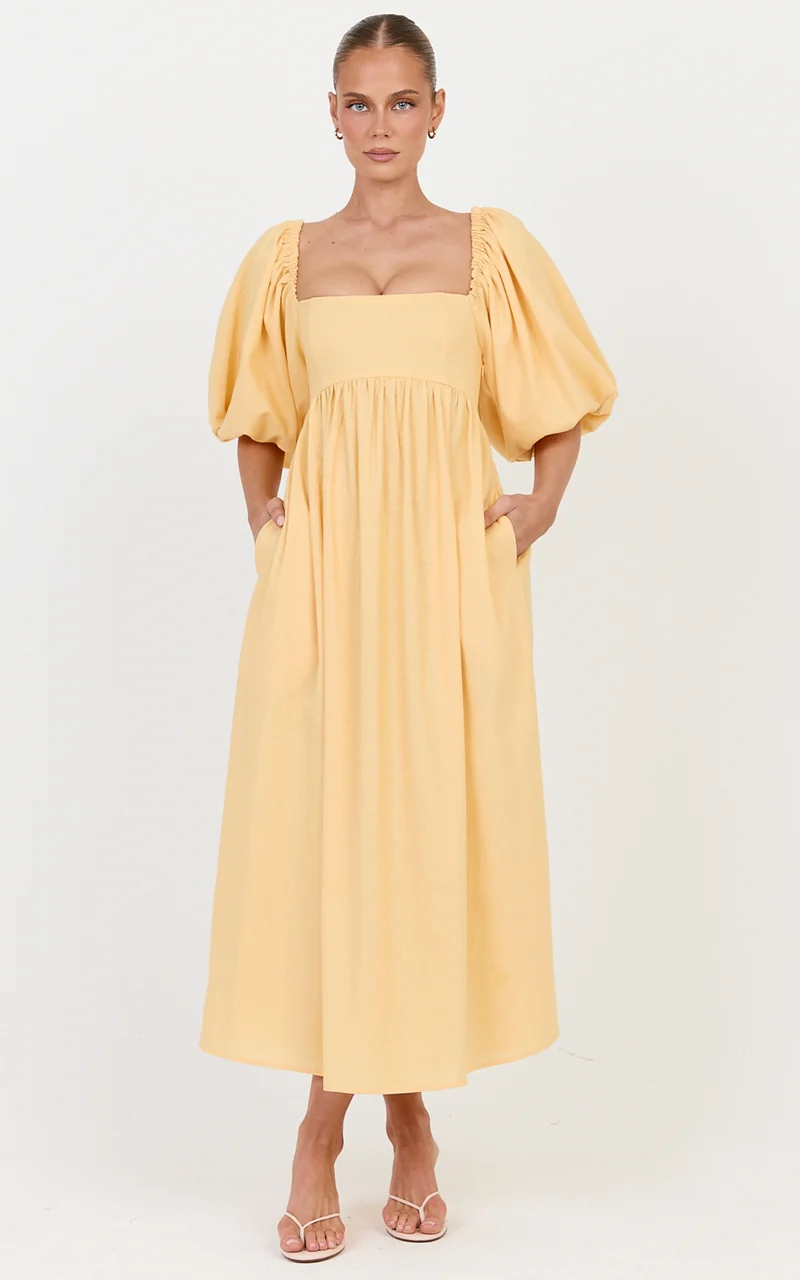 Cenia Midi Dress - Linen Straight Neck Shirred Back Puff Sleeve Dress in Lemon