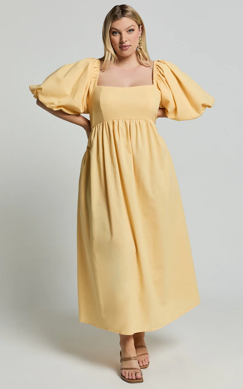 Cenia Midi Dress - Linen Straight Neck Shirred Back Puff Sleeve Dress in Lemon