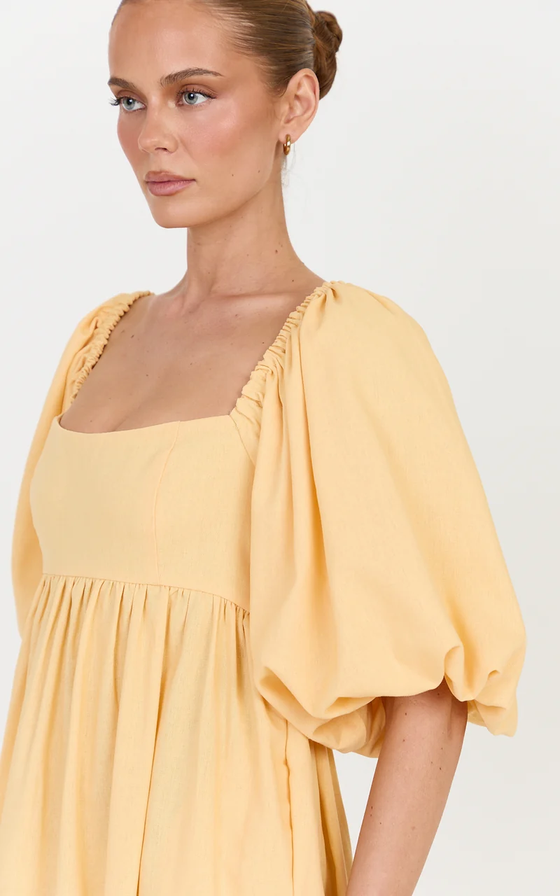 Cenia Midi Dress - Linen Straight Neck Shirred Back Puff Sleeve Dress in Lemon