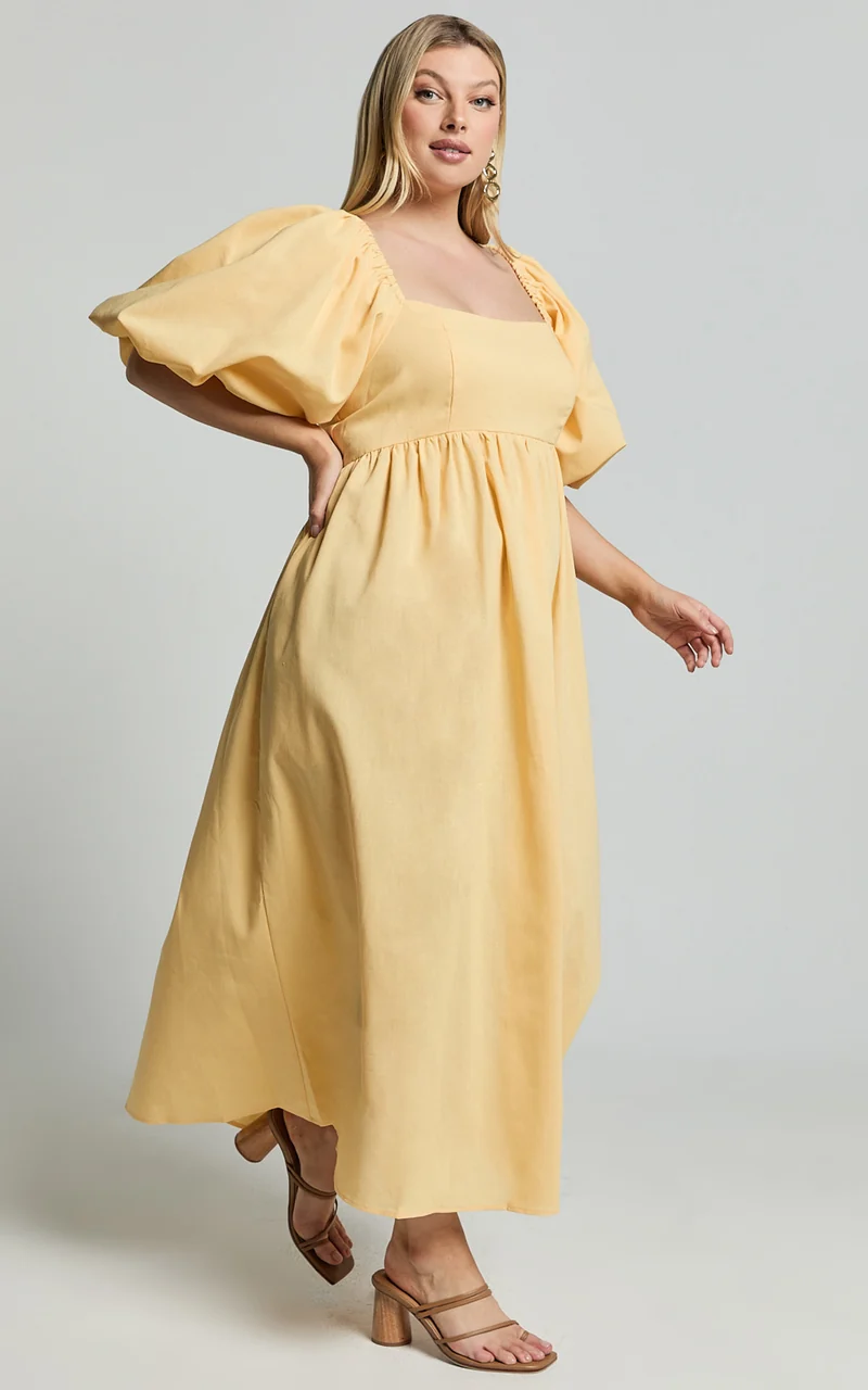 Cenia Midi Dress - Linen Straight Neck Shirred Back Puff Sleeve Dress in Lemon