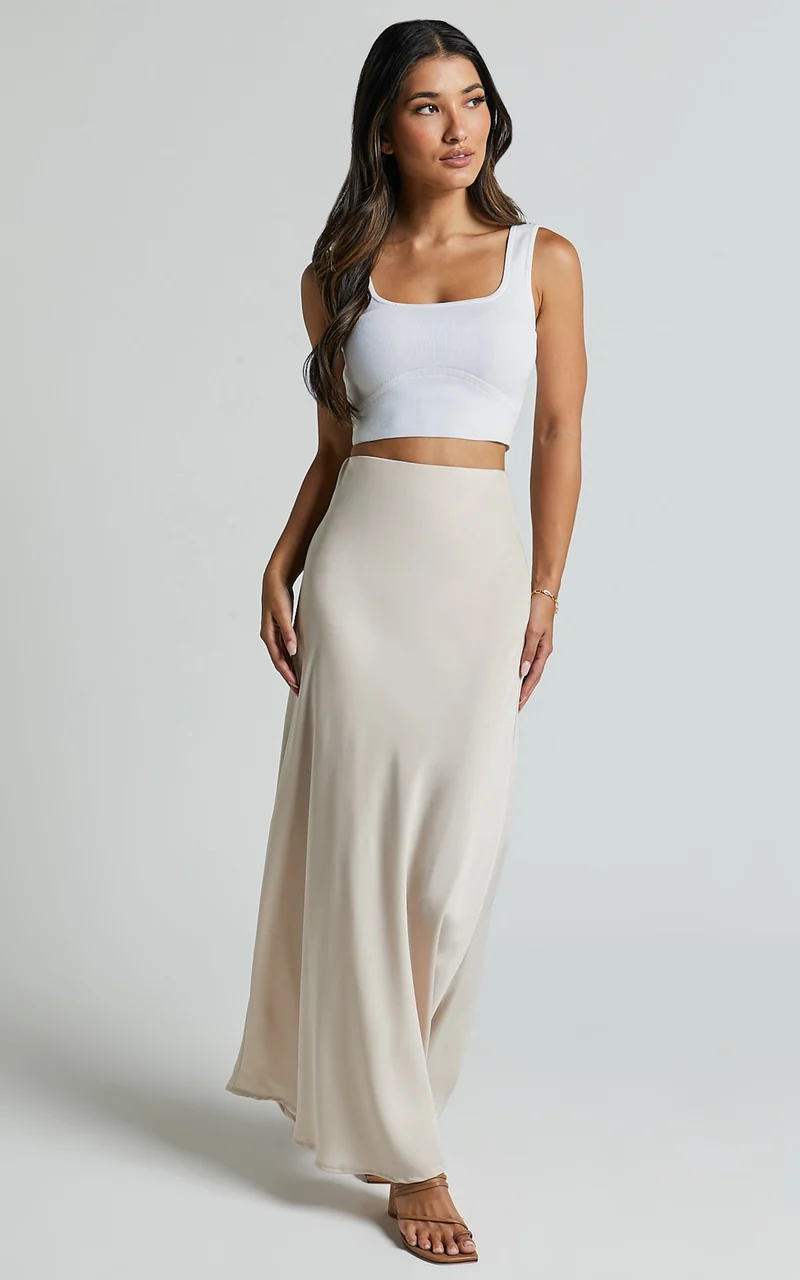 Amari Maxi Skirt - High Waisted Bias Cut Skirt in Oyster