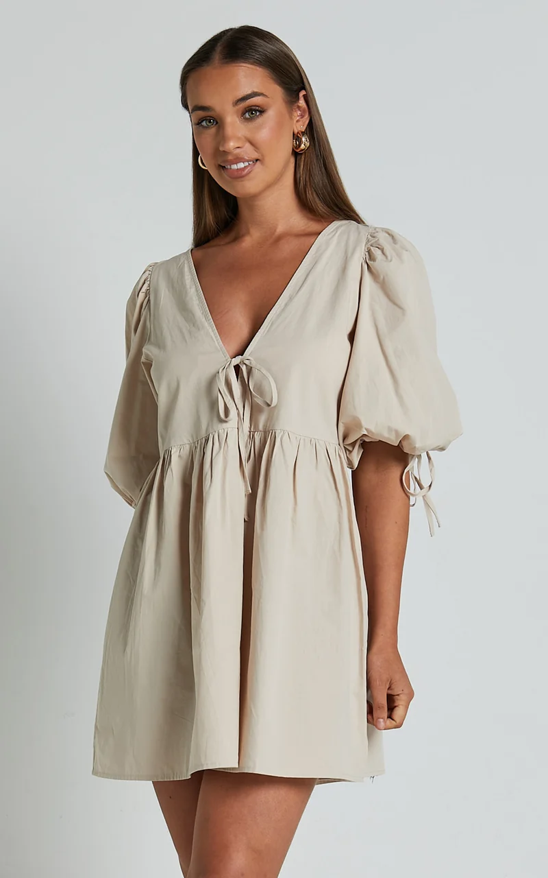 Rosita Mini Dress - Tie Front Puff Sleeve Dress in Stone