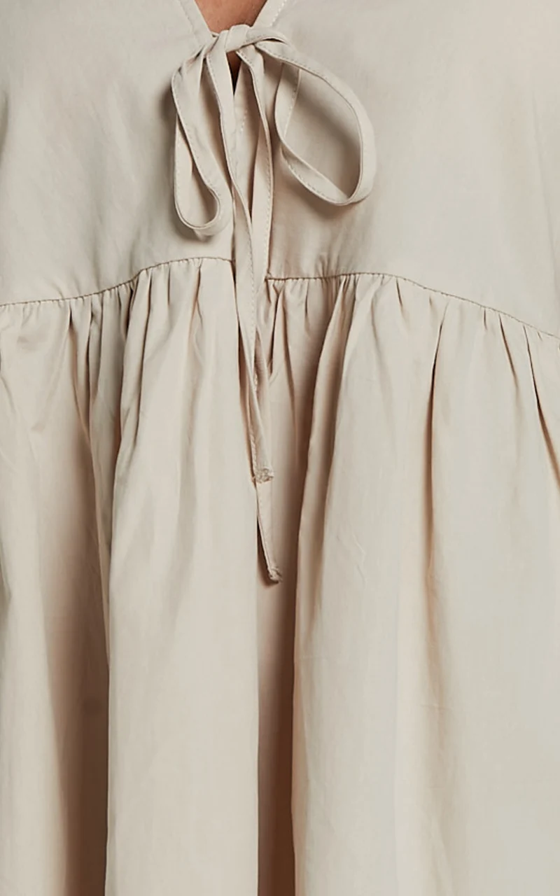 Rosita Mini Dress - Tie Front Puff Sleeve Dress in Stone