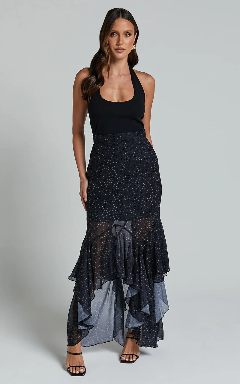Artemisia Maxi Skirt - Frill Detail Sheer High Low Skirt in Black Polka