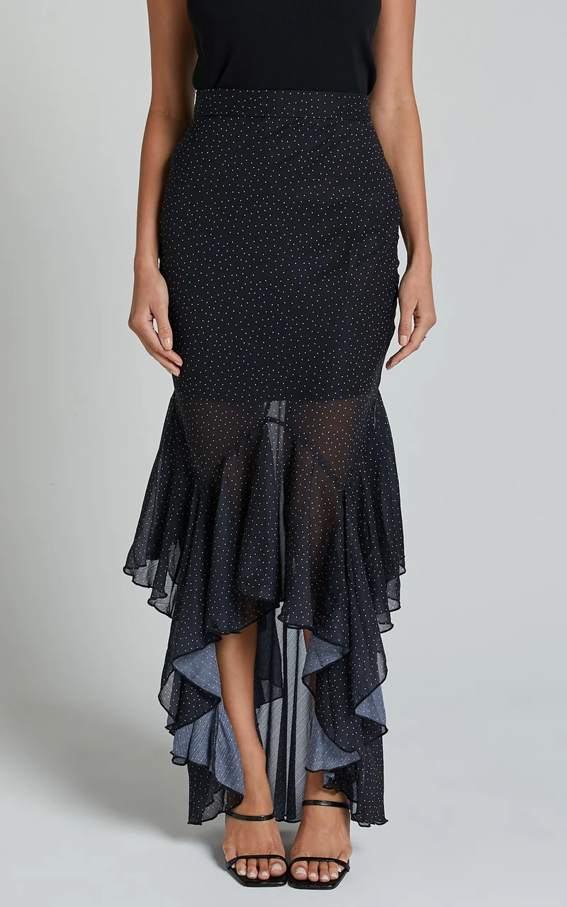 Artemisia Maxi Skirt - Frill Detail Sheer High Low Skirt in Black Polka