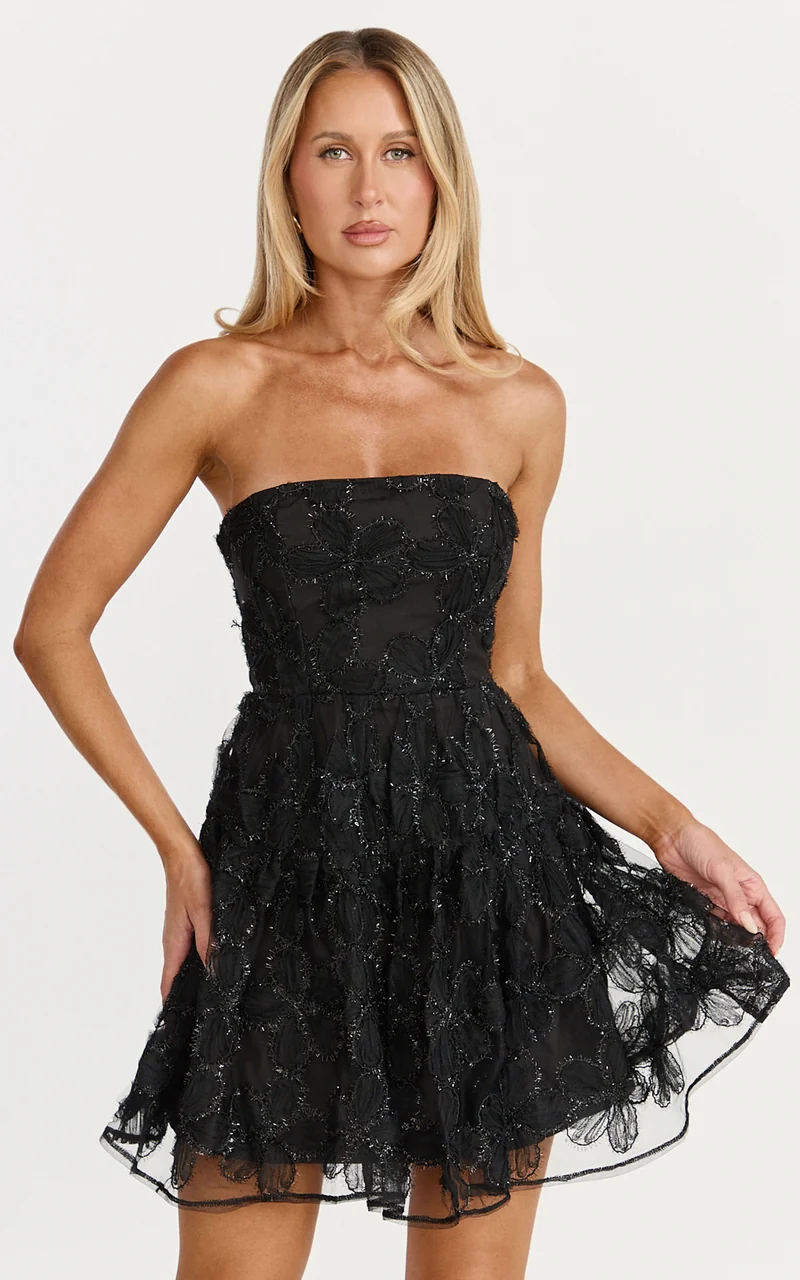 Marzy Mini Dress - Strapless Floral Detail Lace Fit and Flare Dress in Black