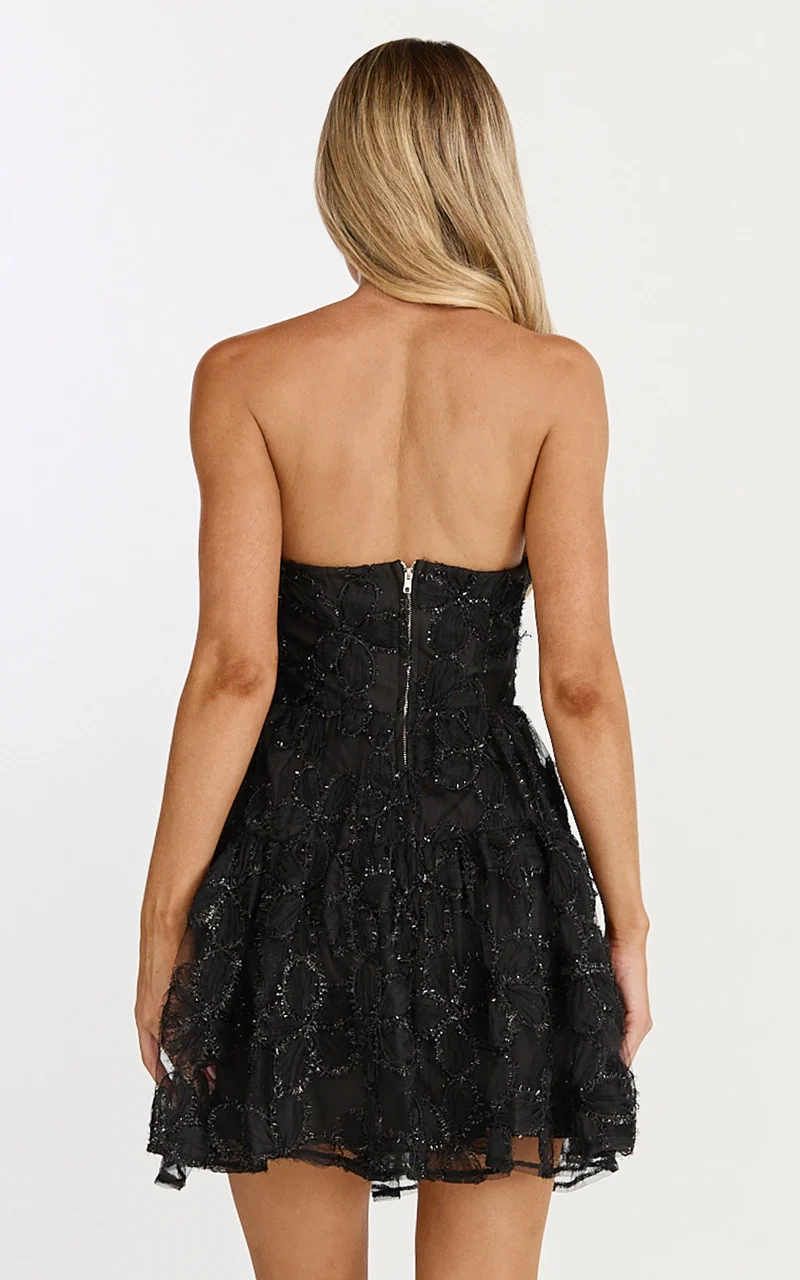 Marzy Mini Dress - Strapless Floral Detail Lace Fit and Flare Dress in Black